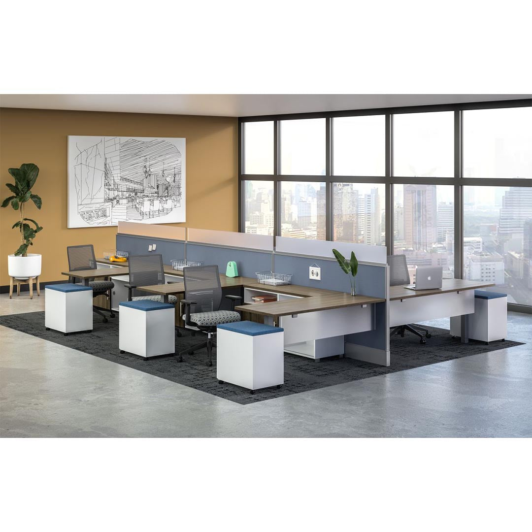 AIS Divi Panel six person L shaped Workstations, corporate cubicle system with mobile storage pedestals. City view office with natural light. Kansas City office furniture.