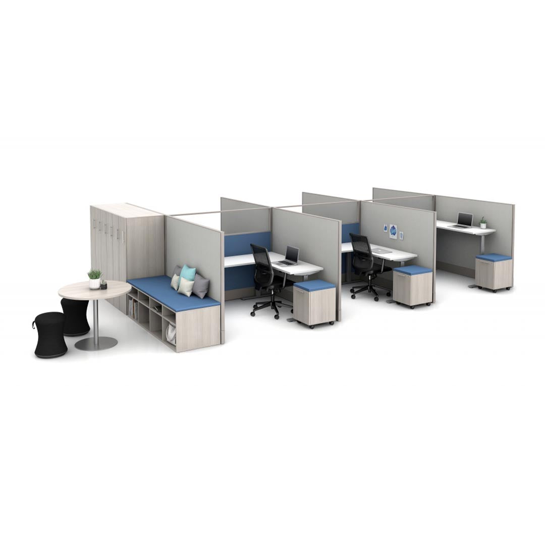 AIS Divi Panel six person Workstations with height adjustable desks and mobile storage, corporate cubicle system. Kansas City office furniture.