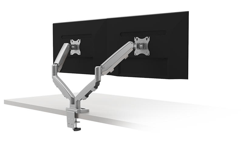 Side angled view. Neutral position. EPPA2 Dual Monitor Arm, adjustable monitor support. Kansas city office accessories.