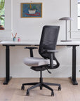 OFS Genus Office Desk Chair with Elastomer Back and height adjustable desk in cozy office with natural light, carbon frame with black nylon base, Kansas City Office Furniture