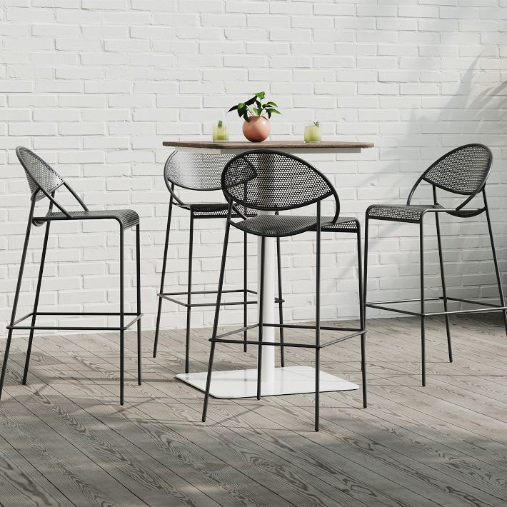 Grand Rapids Chair Co. Hula Outdoor Barstools in ink black around Bowen outdoor pedestal table, Kansas City Office Furniture