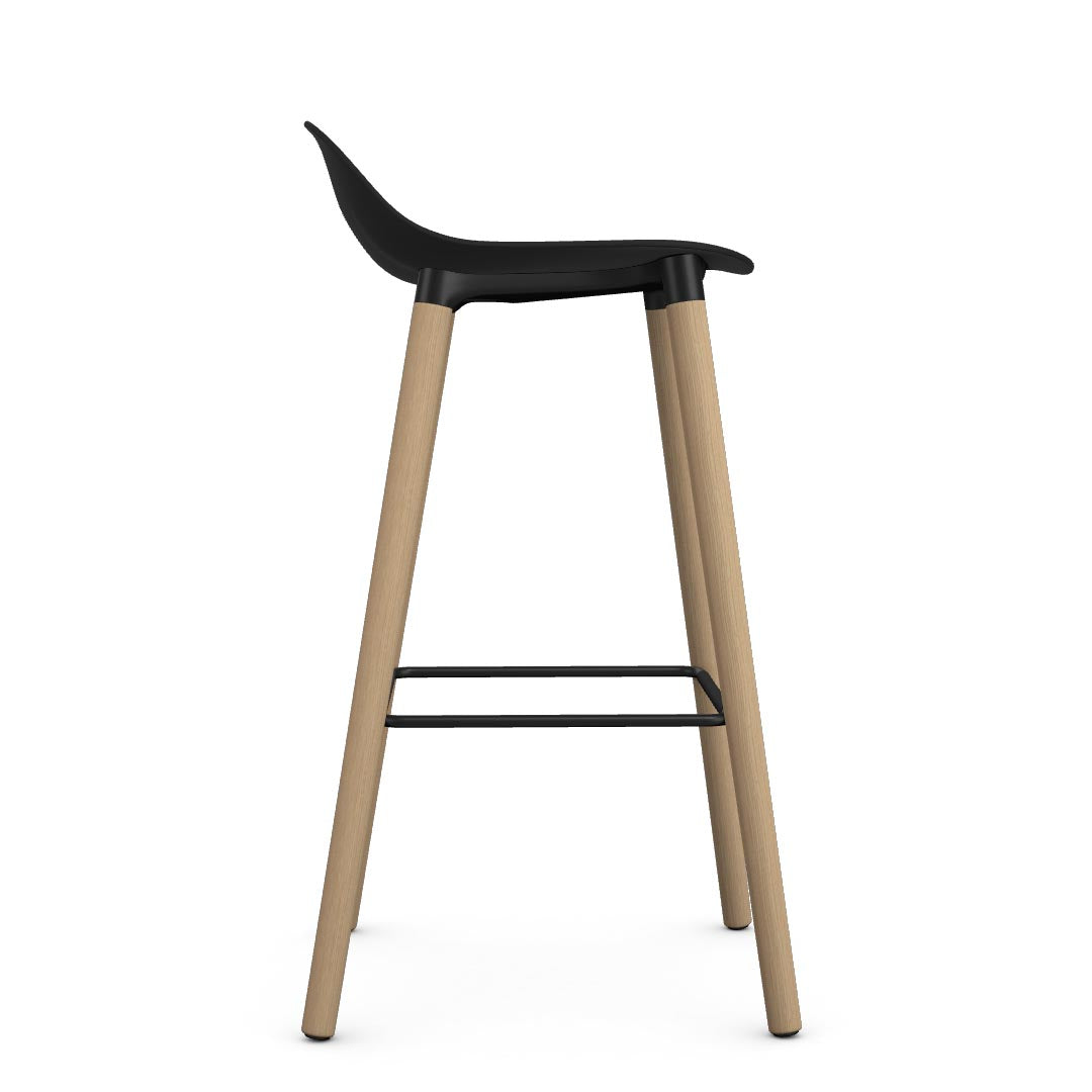 Side profile of Allermuir Kin Low-Back Barstool with black seat and Clear Ash Wood Legs, Kansas City office furniture