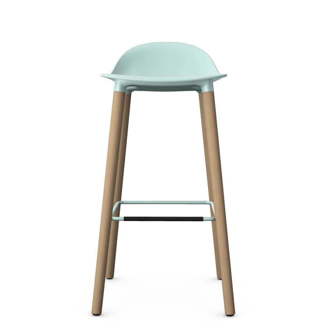 Allermuir Kin Low-Back Barstool with haze blue seat and clear ash Wood Legs, Kansas City office furniture