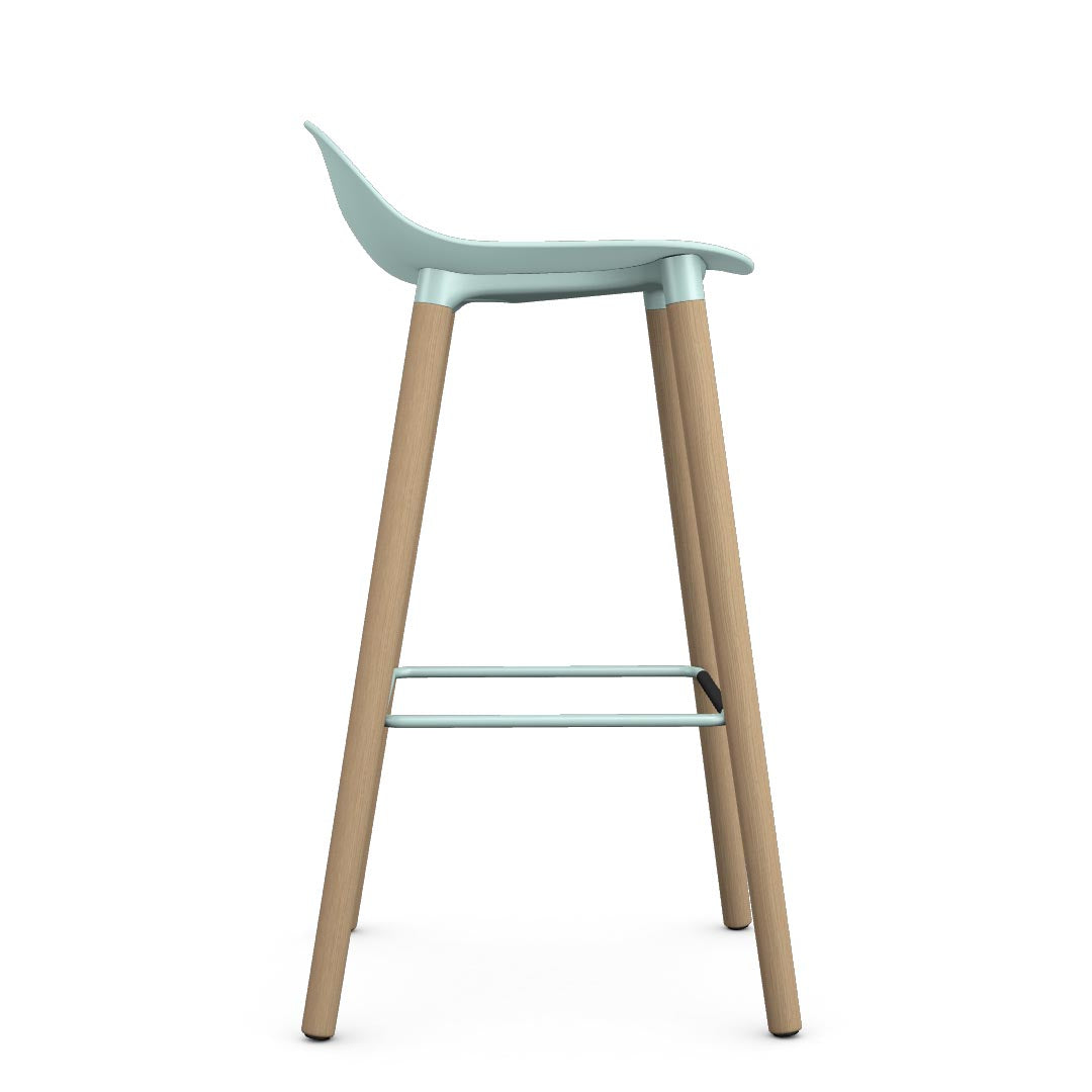 Allermuir Kin Low-Back Barstool with haze blue seat and clear ash Wood Legs, Kansas City office furniture