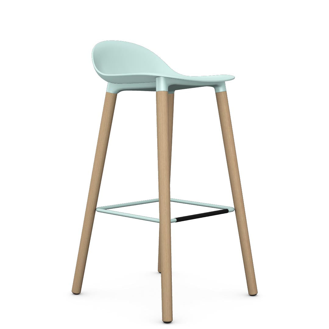 Allermuir Kin Low-Back Barstool with haze blue seat and clear ash Wood Legs, Kansas City office furniture