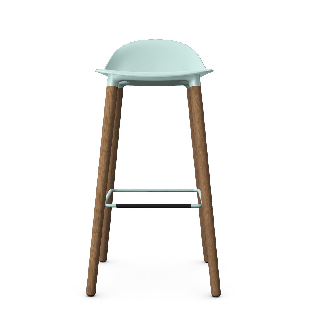 Allermuir Kin Low-Back Barstool with haze blue seat and white oak Wood Legs, Kansas City office furniture