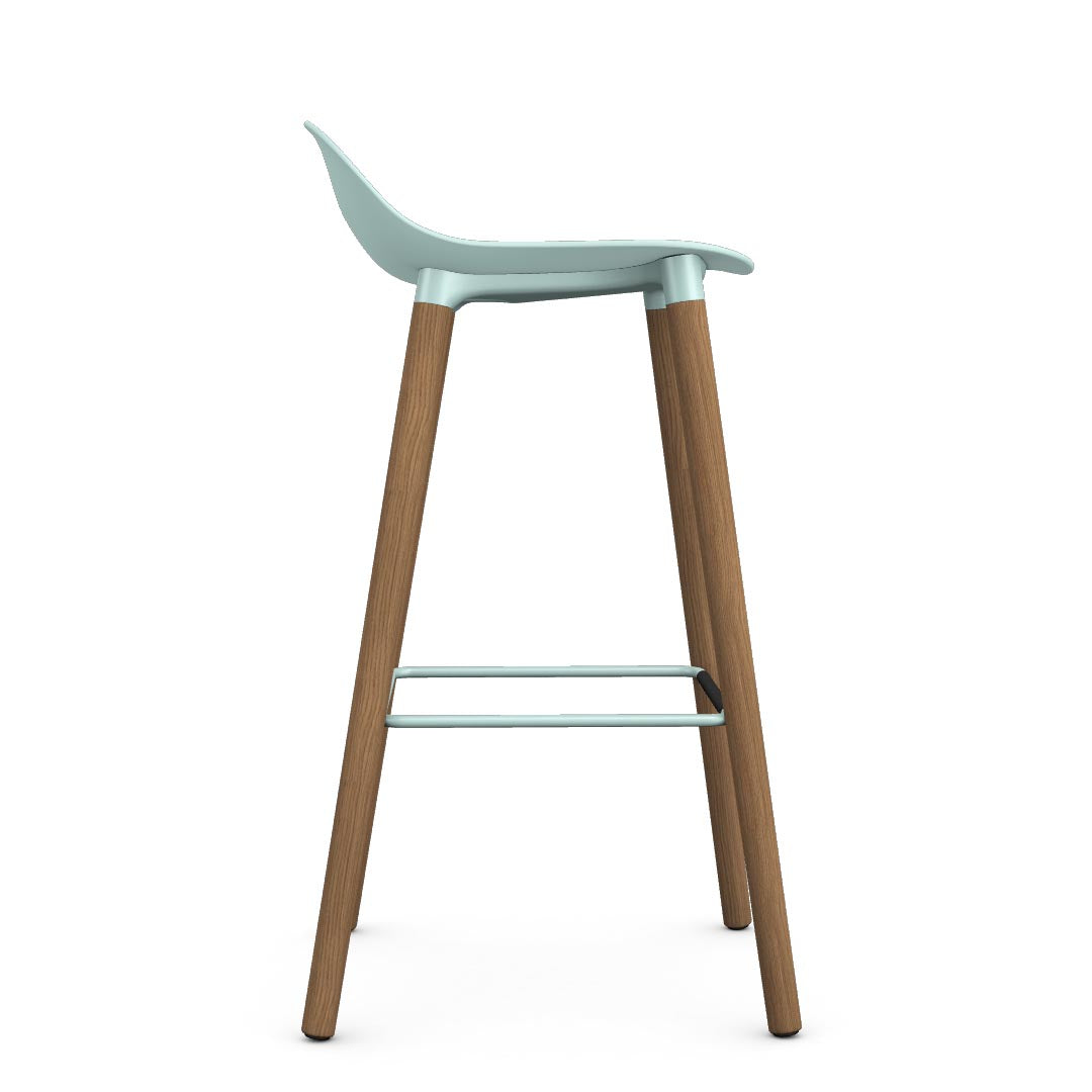 Allermuir Kin Low-Back Barstool with haze blue seat and white oak Wood Legs, Kansas City office furniture