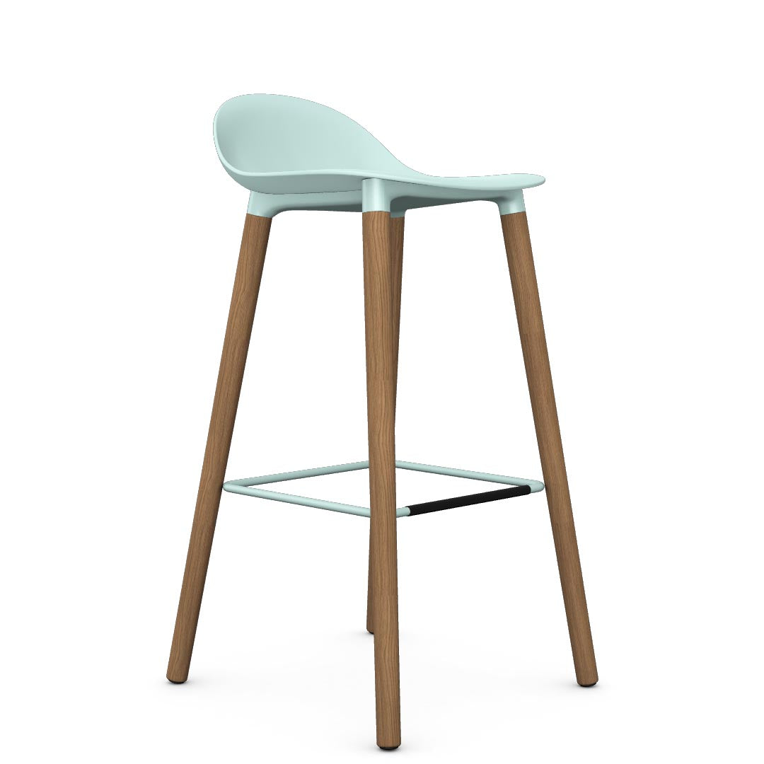 Allermuir Kin Low-Back Barstool with haze blue seat and white oak Wood Legs, Kansas City office furniture