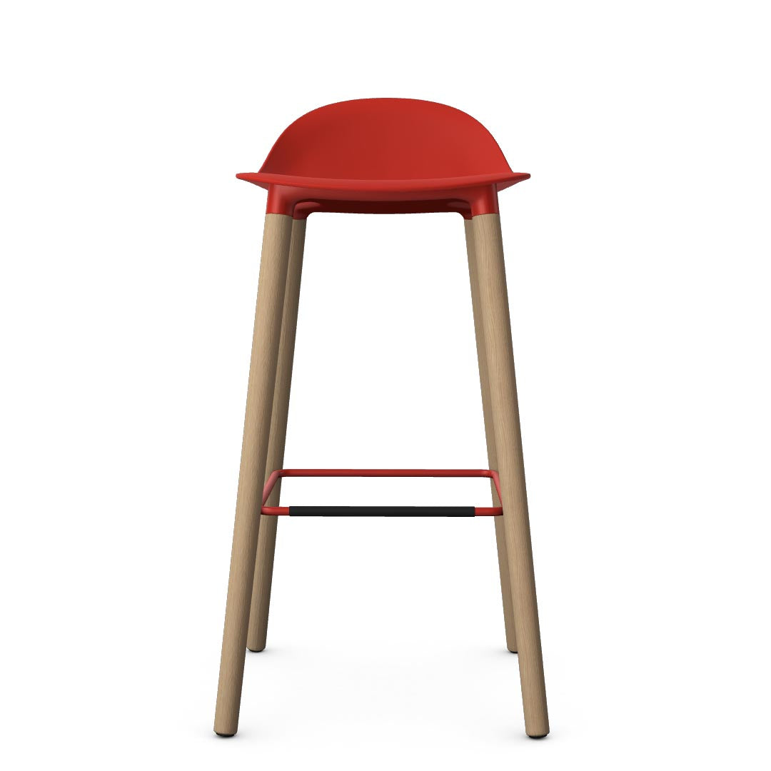 Allermuir Kin Low-Back Barstool with red seat and clear ash Wood Legs, Kansas City office furniture