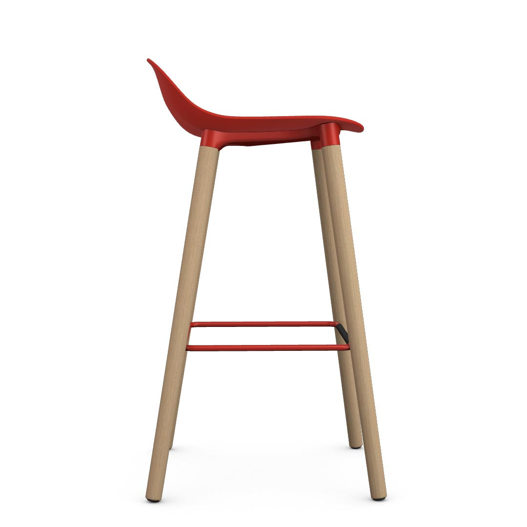 Allermuir Kin Low-Back Barstool with red seat and clear ash Wood Legs, Kansas City office furniture