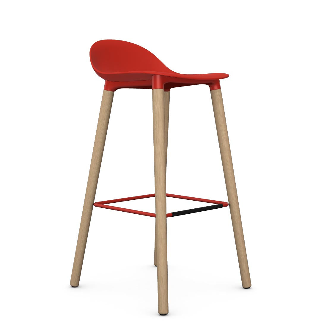 Allermuir Kin Low-Back Barstool with red seat and clear ash Wood Legs, Kansas City office furniture