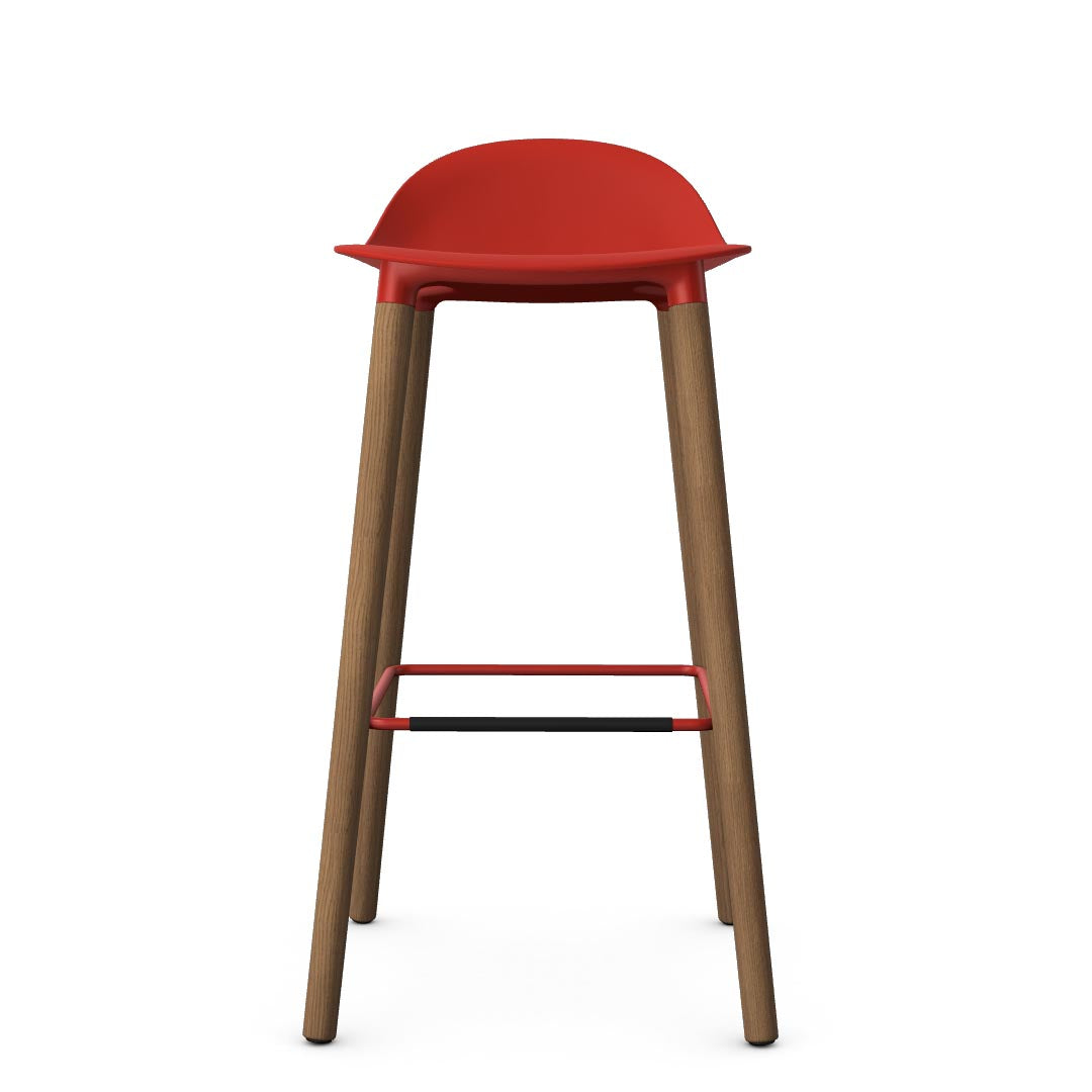 Allermuir Kin Low-Back Barstool with red seat and white oak Wood Legs, Kansas City office furniture