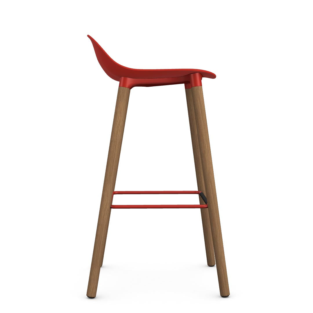 Allermuir Kin Low-Back Barstool with red seat and white oak Wood Legs, Kansas City office furniture