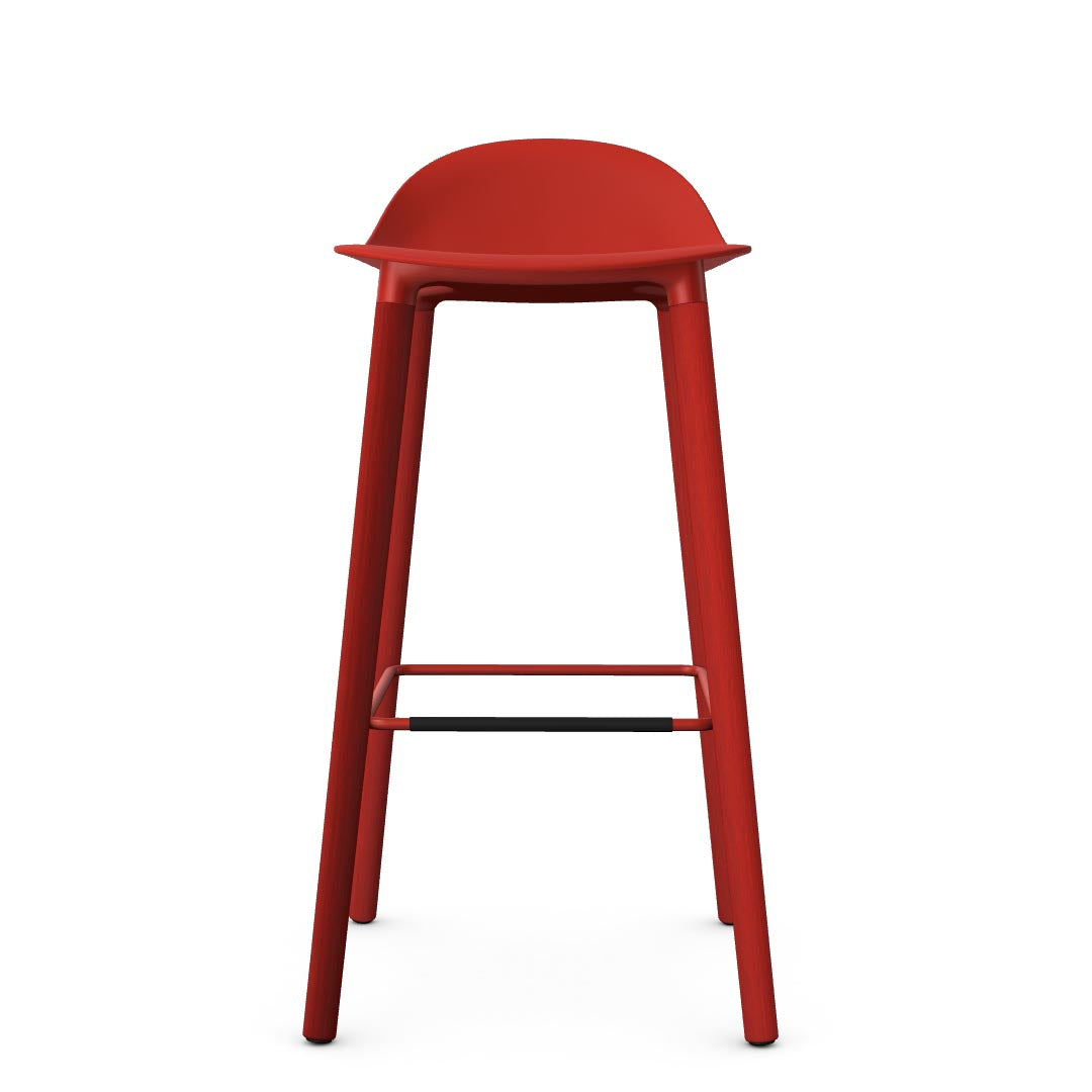 Allermuir Kin Low-Back Barstool with red seat and red Wood Legs, Kansas City office furniture