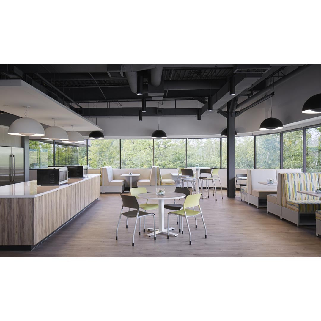 Pierce Multi-Purpose Stackable Bar Stools styled in office breakroom employee lounge design. Kansas City Office furniture. 