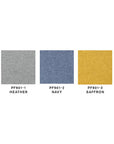 Friant Pog II Ottoman color swatches in heather grey, navy blue, and saffron yellow. Kansas City office furniture. 