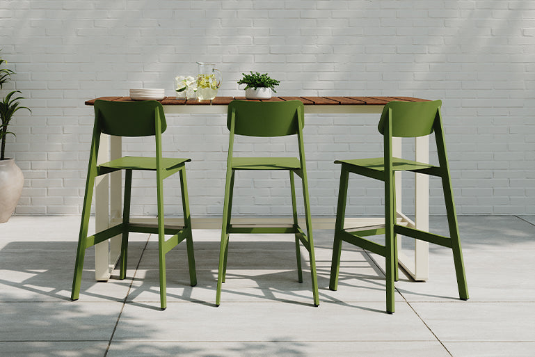 Grand Rapids Chair Company. Sadie II Outdoor Barstools around Bowen outdoor table. Kansas City office furniture. 