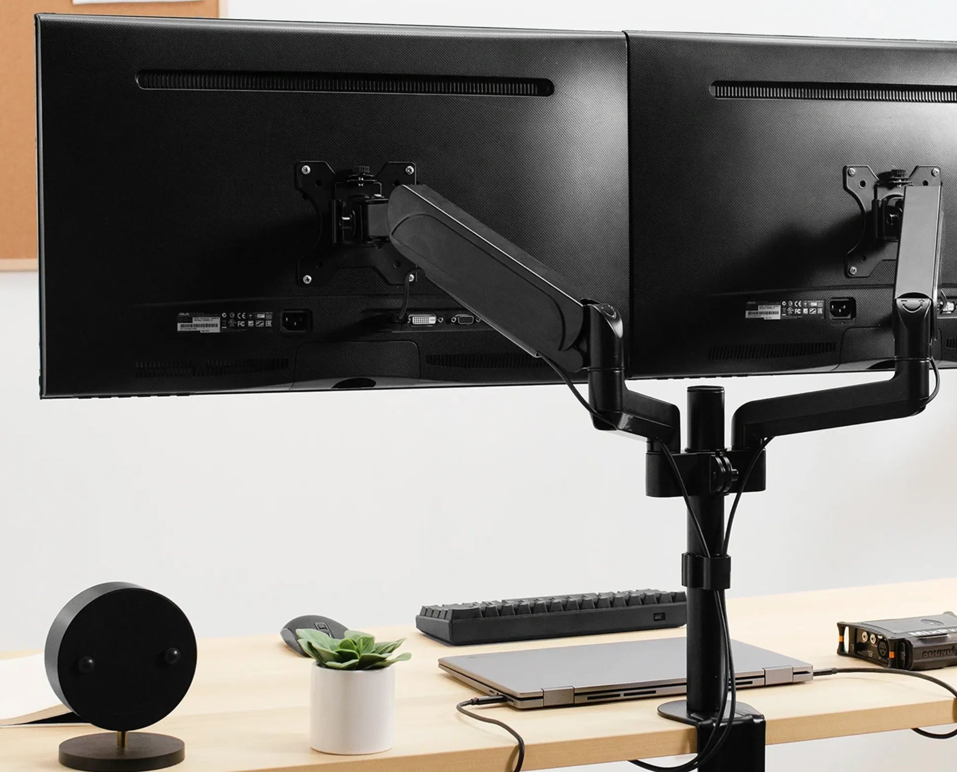 Black Clamp-On Dual Pneumatic Monitor Arm - Kansas City Office Furniture