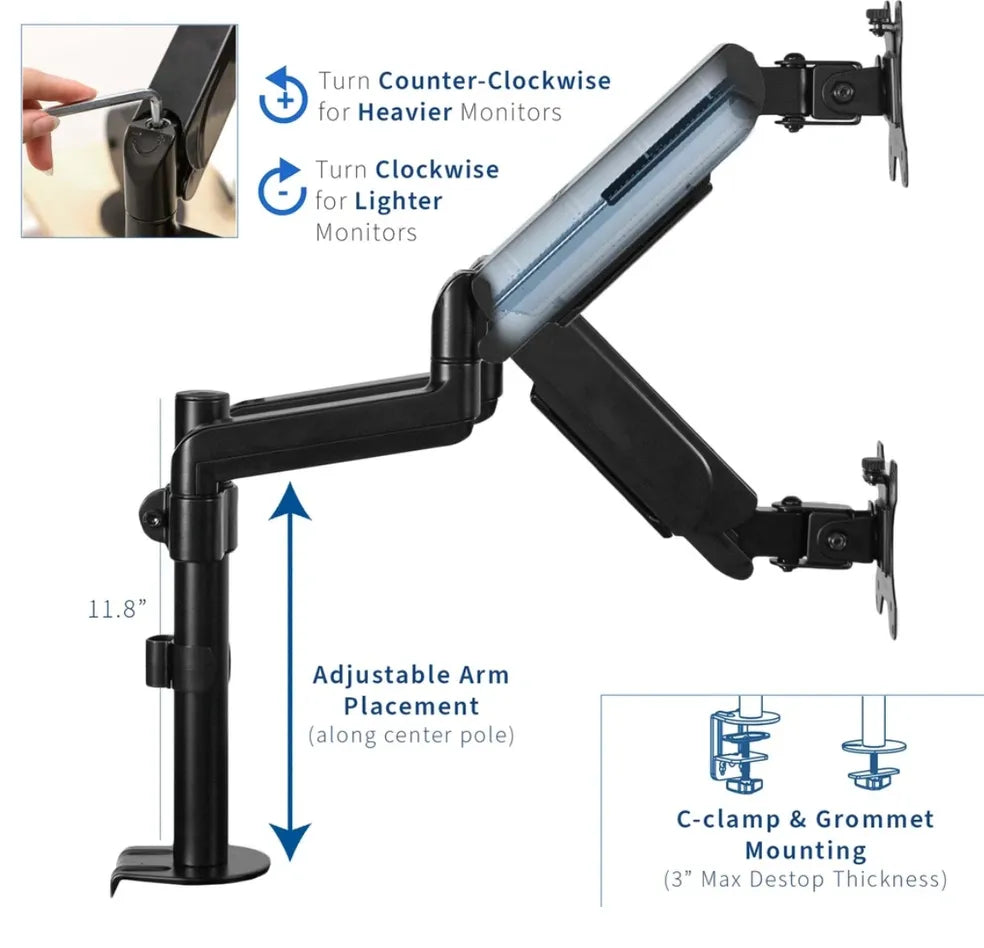 Black Clamp-On Dual Pneumatic Monitor Arm - Kansas City Office Furniture