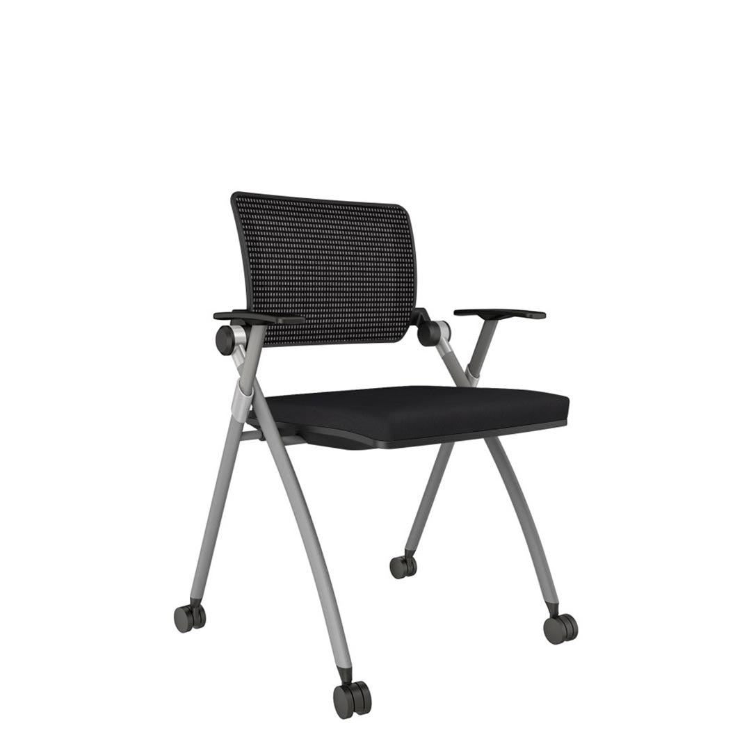 AIS Stow Black Mesh Low-Back Nesting Training Room Chairs. Rolling side chair with casters. Kansas City Office Furniture.