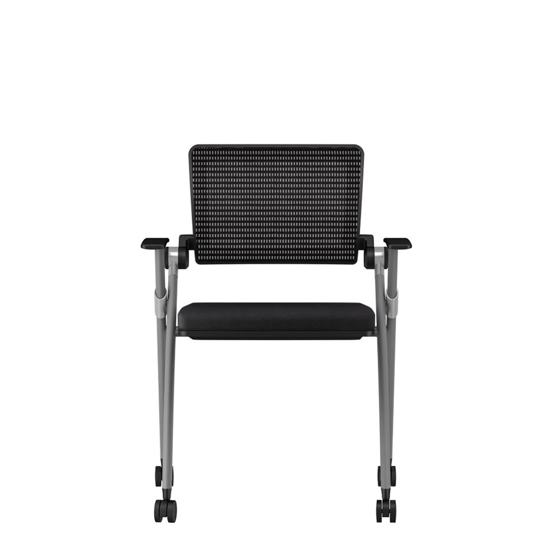 AIS Stow Black Mesh Low-Back Nesting Training Room Chairs. Rolling side chair with casters. Kansas City Office Furniture.