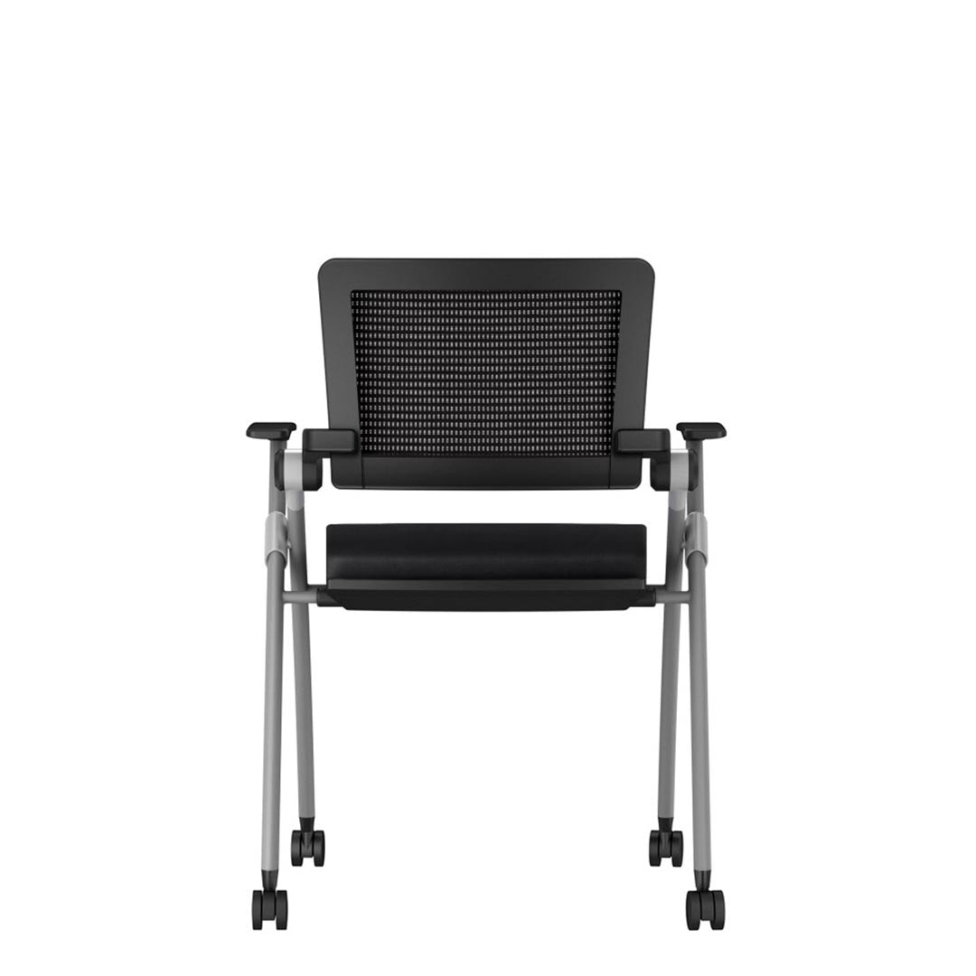 AIS Stow Black Mesh Low-Back Nesting Training Room Chairs. Rolling side chair with casters. Kansas City Office Furniture.