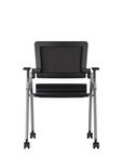 AIS Stow Black Mesh Low-Back Nesting Training Room Chairs. Rolling side chair with casters. Kansas City Office Furniture.