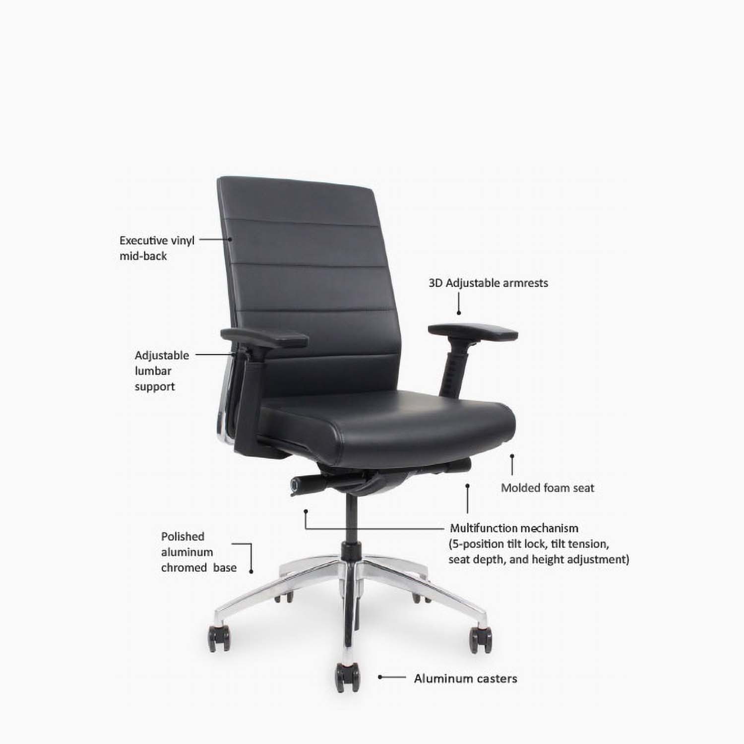 Plaza Executive Desk Chair features map. Executive vinyl mid-back. 3D Adjustable armrests. Adjustable lumbar support. Polished aluminum chromed base. Aluminum casters. Molded foam seat. Multifunction seat adjustment mechanism with tilt lock, tilt tension, seat depth, and height adjustment. Kansas City Office Design.