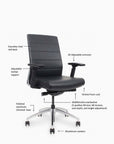 Plaza Executive Desk Chair features map. Executive vinyl mid-back. 3D Adjustable armrests. Adjustable lumbar support. Polished aluminum chromed base. Aluminum casters. Molded foam seat. Multifunction seat adjustment mechanism with tilt lock, tilt tension, seat depth, and height adjustment. Kansas City Office Design.